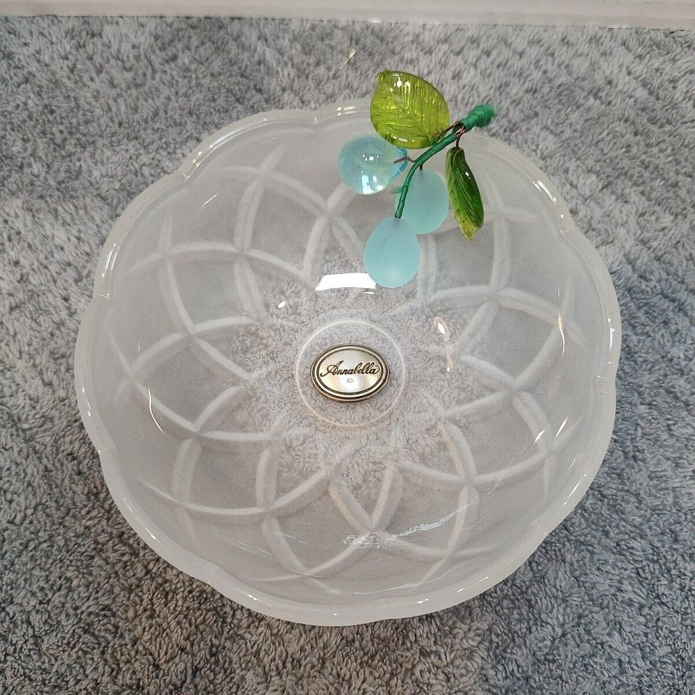 Annabella Frosted Trinket Bowl Glass‎ Fruit Green Glass Leaves Pewter Name tag